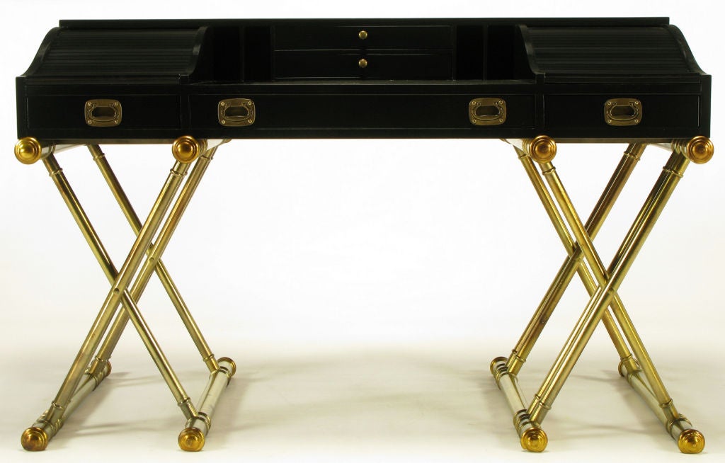 Wood Black Lacquer Campaign Desk With Gilt X-Form Bases