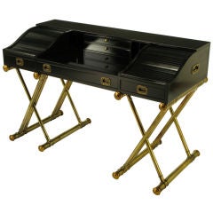 Vintage Black Lacquer Campaign Desk With Gilt X-Form Bases