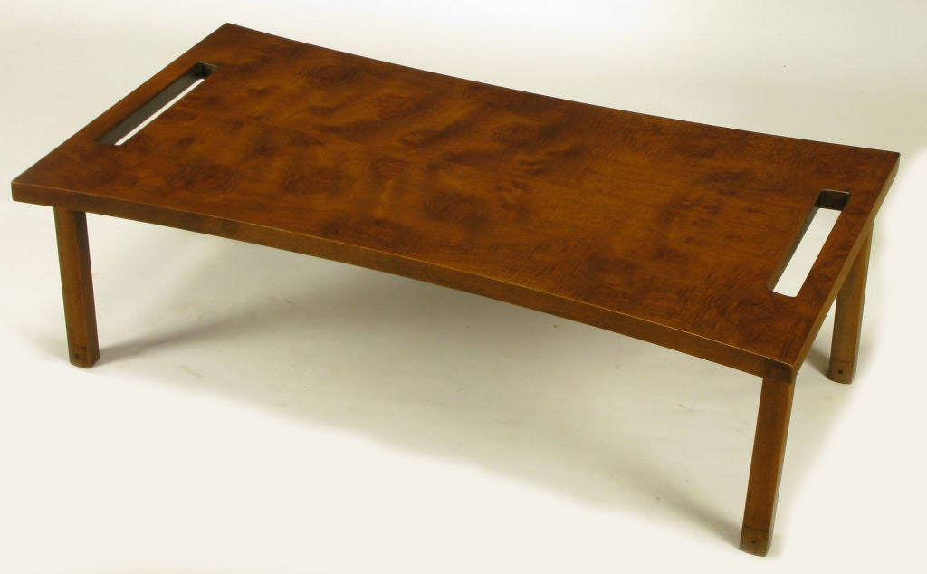 Mid-20th Century Harold Schwartz Burled Walnut Parabolic Form Coffee Table.