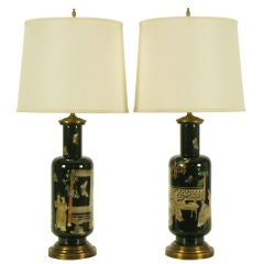 Vintage Vase Form Ceramic Table Lamps With Applied Japanese Decor
