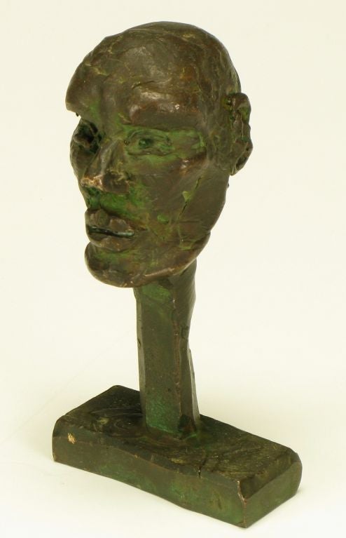 American Signed Abstract Cast Bronze Head Sculpture