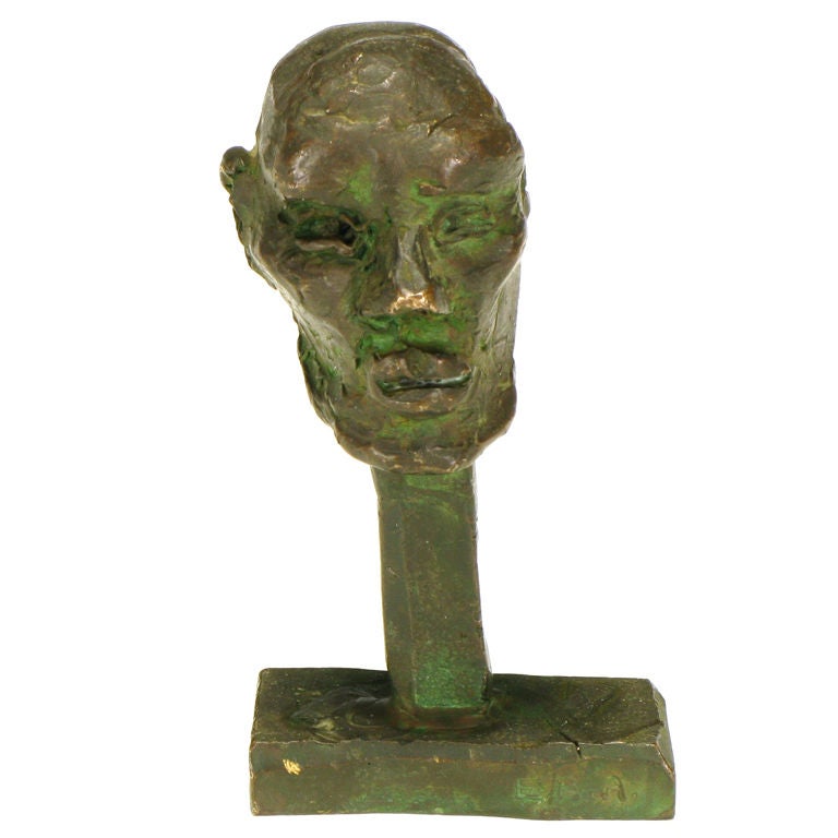 Signed Abstract Cast Bronze Head Sculpture