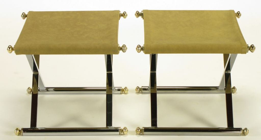 American Pair Chrome & Brass X-Base Sling Seat Stools