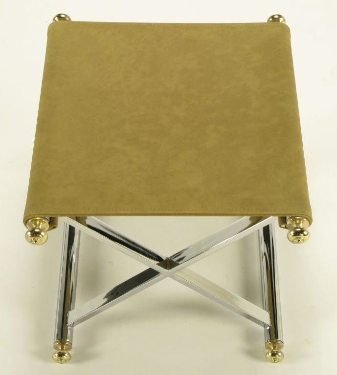 Pair Chrome & Brass X-Base Sling Seat Stools 2