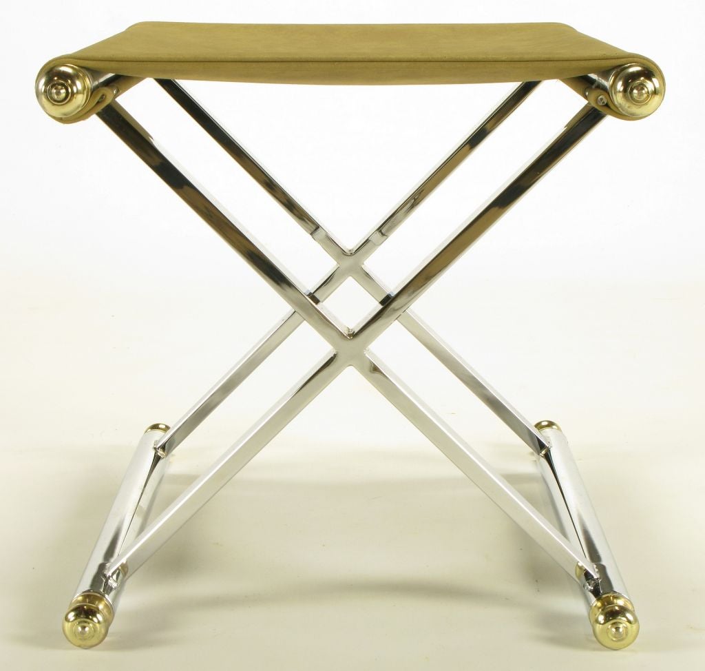 Pair Chrome & Brass X-Base Sling Seat Stools 3