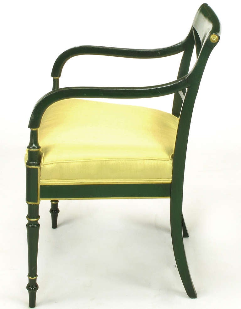 Emerald Green & Parcel Gilt Regency Cross Back Armchair In Good Condition In Chicago, IL