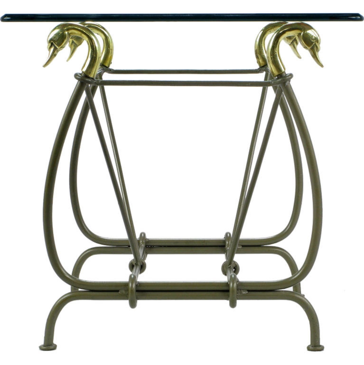 Iron End Table Surmounted By Cast Brass Swans & Glass Top