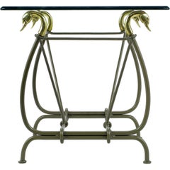 Retro Iron End Table Surmounted By Cast Brass Swans & Glass Top