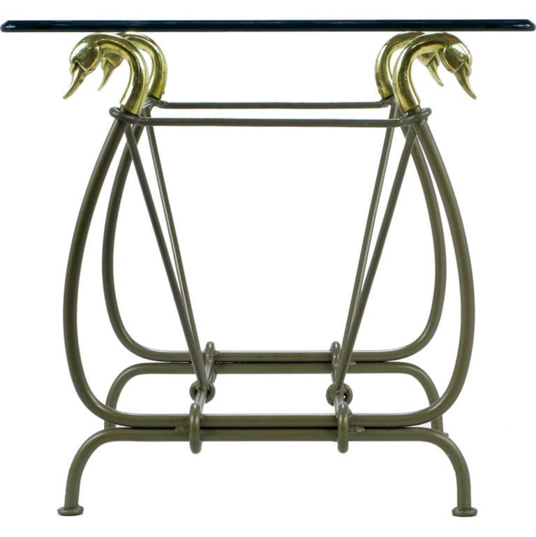 Iron End Table Surmounted By Cast Brass Swans and Glass Top For Sale at
