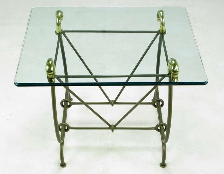 American Iron End Table Surmounted By Cast Brass Swans & Glass Top For Sale