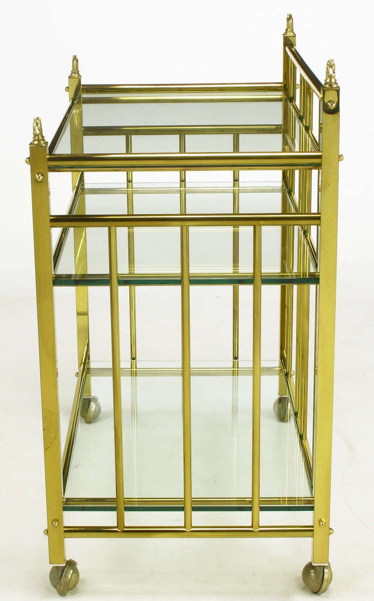 American Three Tiered Brass & Glass Bar Cart With Horse Head Details