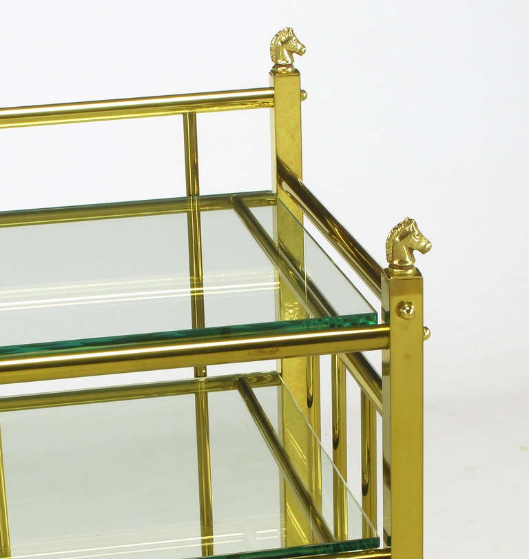 Three Tiered Brass & Glass Bar Cart With Horse Head Details In Good Condition In Chicago, IL