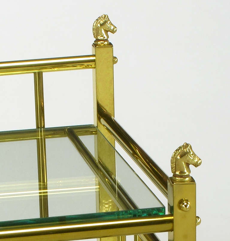 Mid-20th Century Three Tiered Brass & Glass Bar Cart With Horse Head Details