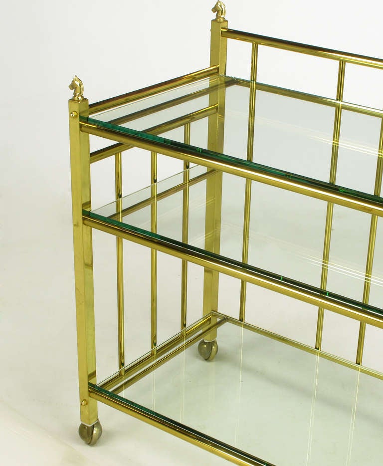 Three Tiered Brass & Glass Bar Cart With Horse Head Details 1