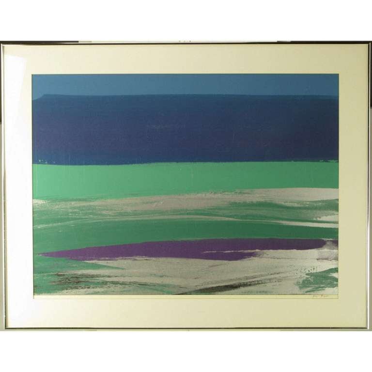 Large and richly colored lithograph in blue, turquoise green and lavender purple, with silver and black screened overlay by Joseph Gruppe. Chrome and brushed chrome gallery style frame with acrylic glazing. Print image measures 29