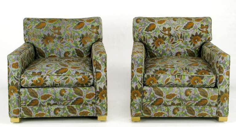American Pair 1940s Sled-Base Club Chairs In Vivid Floral Upholstery