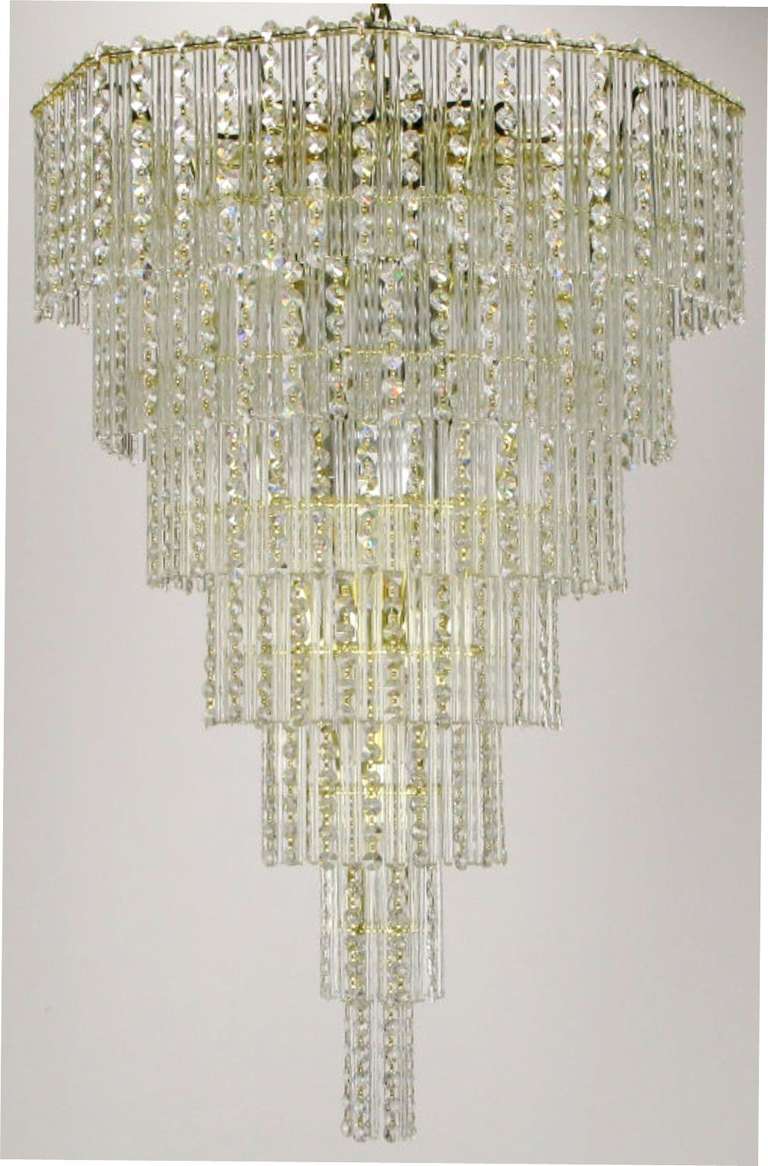 American Seven Tier Crystal Beads and Rods Brass Chandelier For Sale