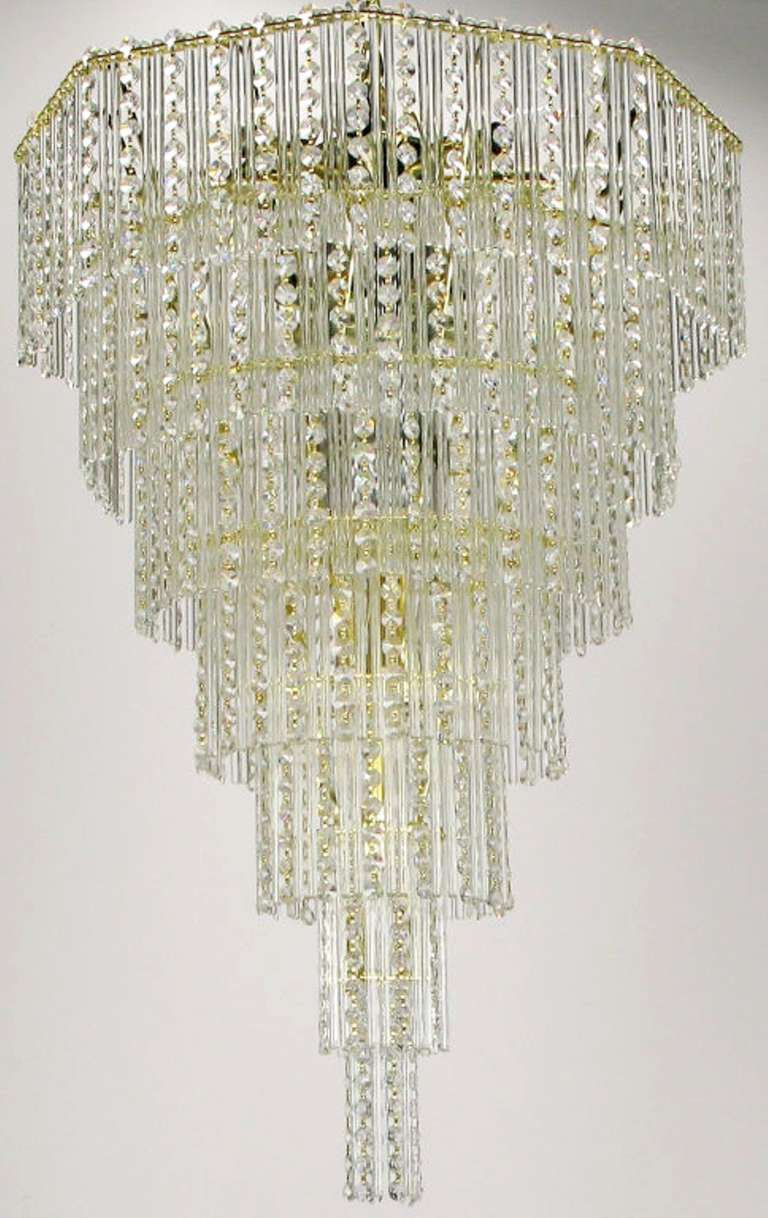 Seven Tier Crystal Beads and Rods Brass Chandelier For Sale 1
