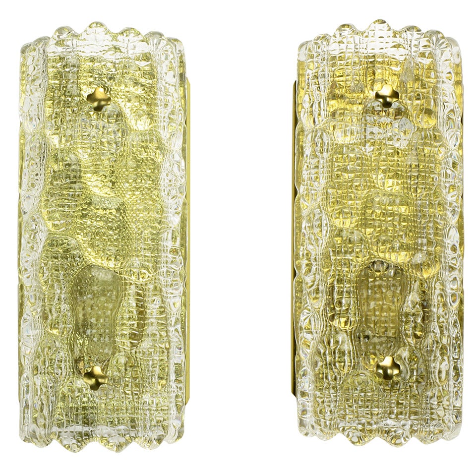 Pair Carl Fagerlund For Orrefors Glass & Brass Sconces