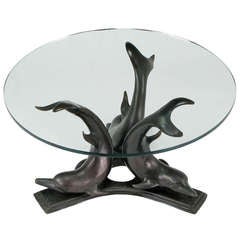 Cast Bronze Triple Dolphin Coffee Table With Glass Top