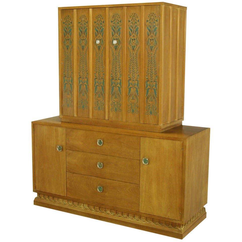 John Van Koert Casa del Sol Tawny Walnut and Stenciled Tall Cabinet