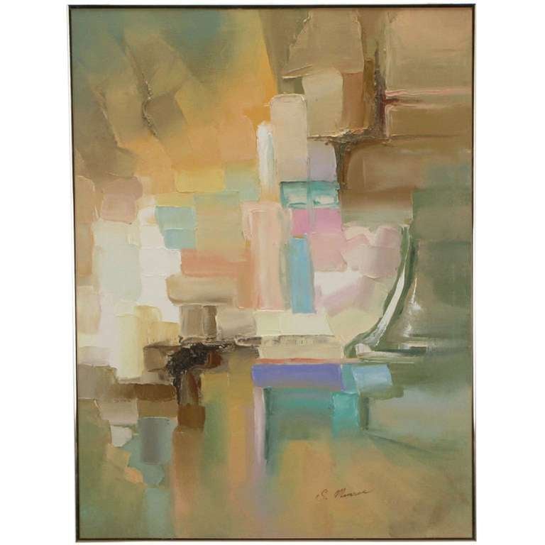 Large Abstract Sage, Brown, Taupe, White & Blue Oil On Canvas