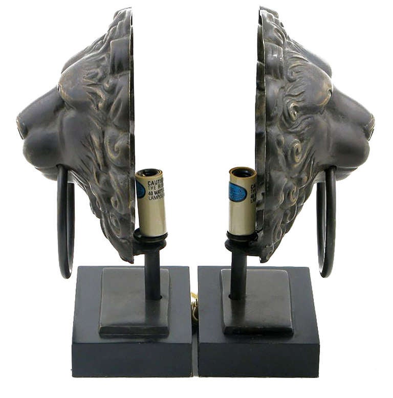 American Pair of Cast Bronze Lion's Head Mantel Lamps