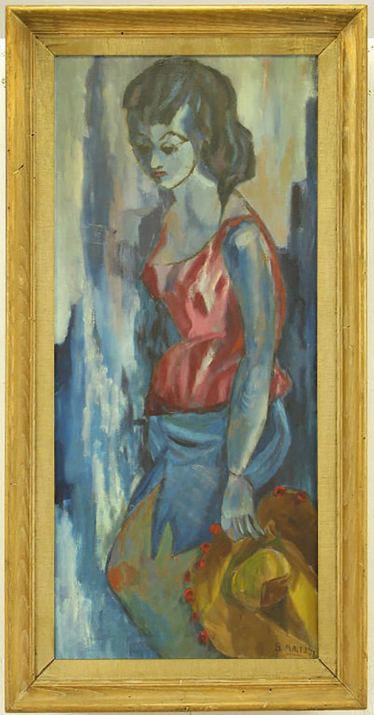 Oil on canvas of a blue woman wearing a red top, holding a Mexican hat. Painted in the expressionistic style. Rustic wood frame, signed B. Maltz, 1957.

Framed size: 41