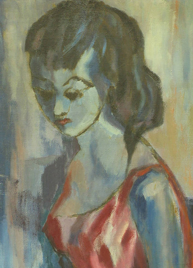 American Blue Woman with Hat Oil on Canvas by B. Maltz For Sale