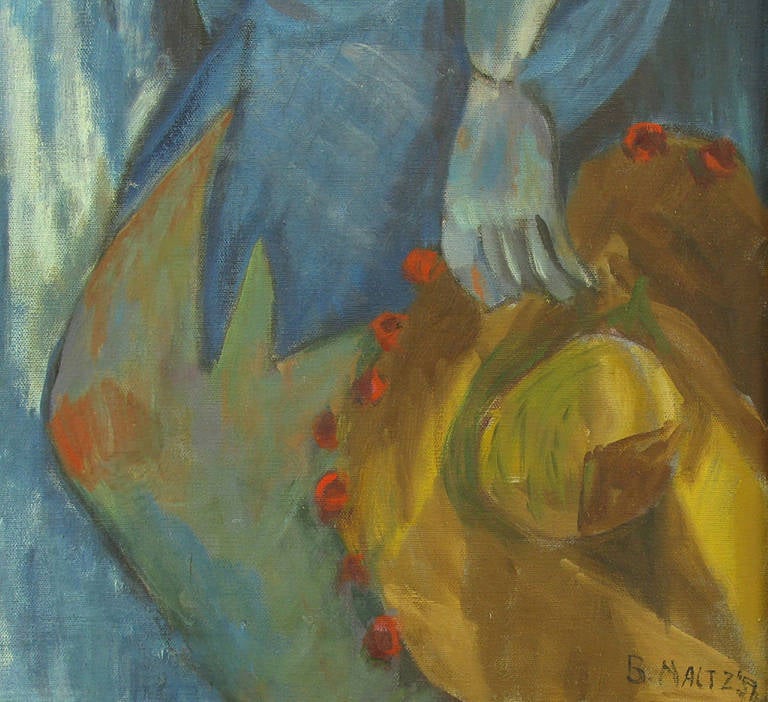 Blue Woman with Hat Oil on Canvas by B. Maltz In Good Condition For Sale In Chicago, IL