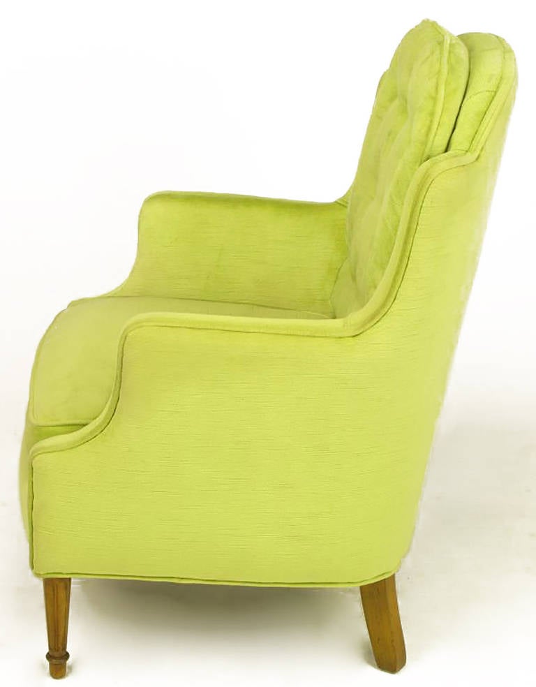 American Pair of Chartreuse Yellow-Green Velvet Regency Lounge Chairs