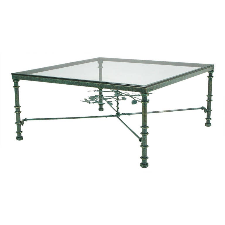 Giacometti Inspired Verdigris Green, Wrought Iron Coffee Table In Excellent Condition In Chicago, IL