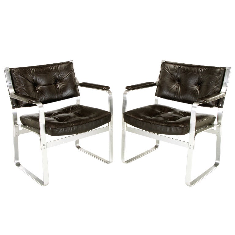 Pair of Karl-Erik Ekselius Leather and Aluminium Mondo Armchairs For Sale