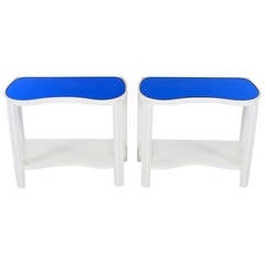 Pair of 1930s Art Deco White Lacquer and Blue Mirror Side Tables 6