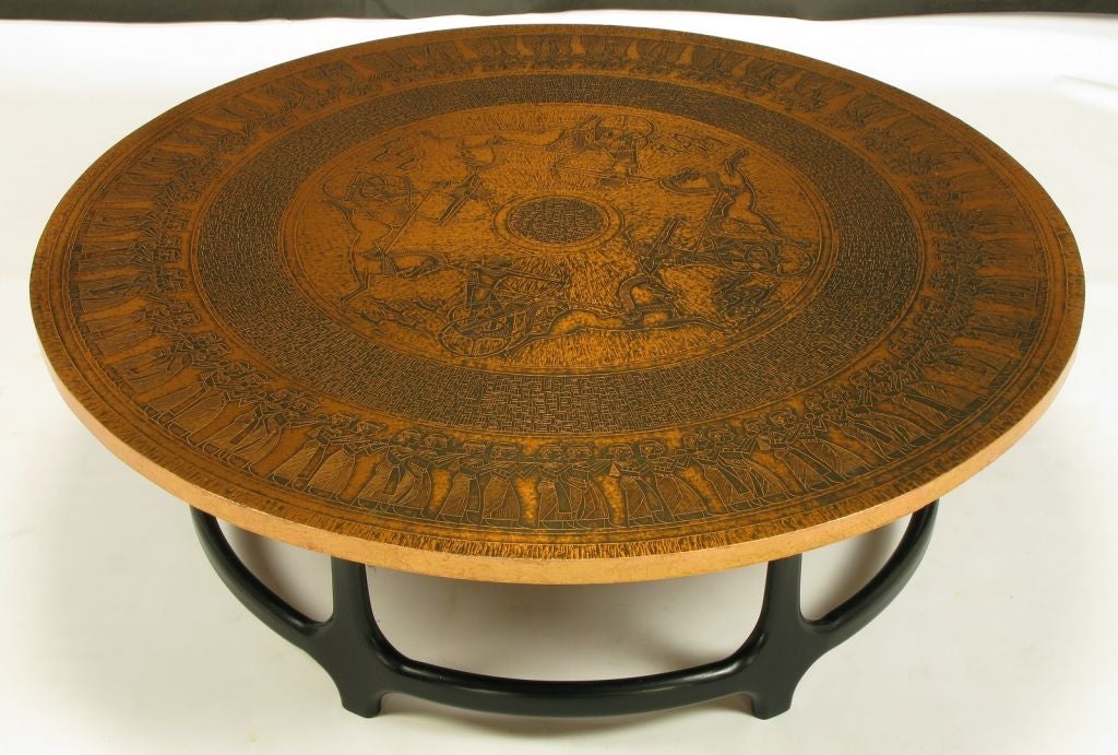 Round Copper Leaf Relief & Ebonized Walnut Coffee Table