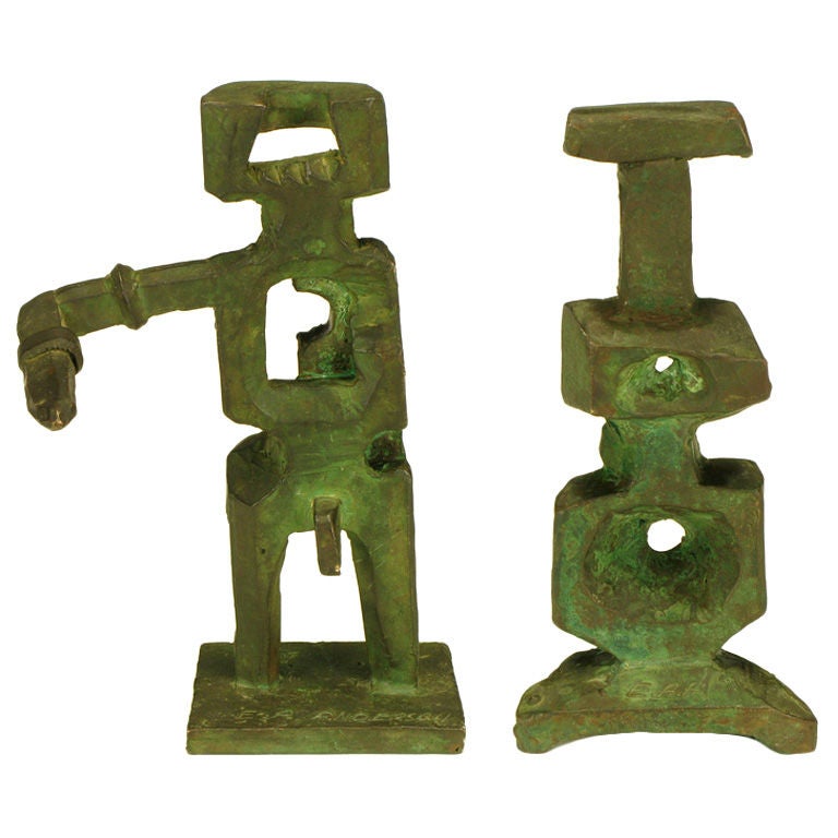 Pair Bronze Male & Female Abstract Sculptures, Signed.