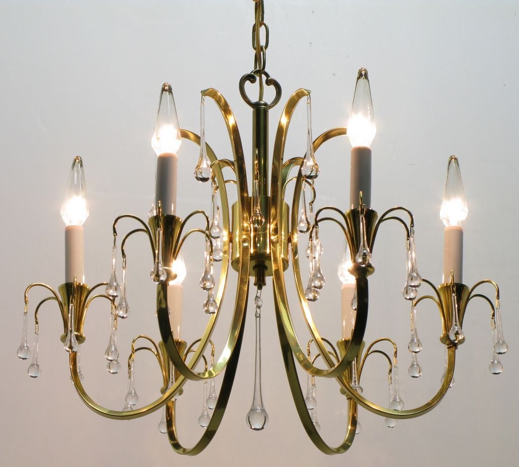 Modernist Brass Chandelier With Raindrop Crystals