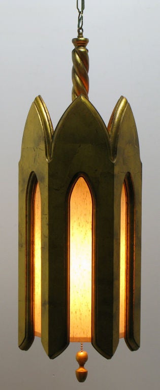 American Gilt Wood & Ivory Silk Gothic Style Pendant Light. For Sale