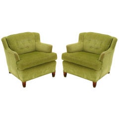 Vintage Pair Green Chenille Button-Tufted Low Wing Chairs