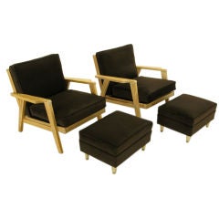 Pair Cerused Oak Lounge Chairs With Ottomans