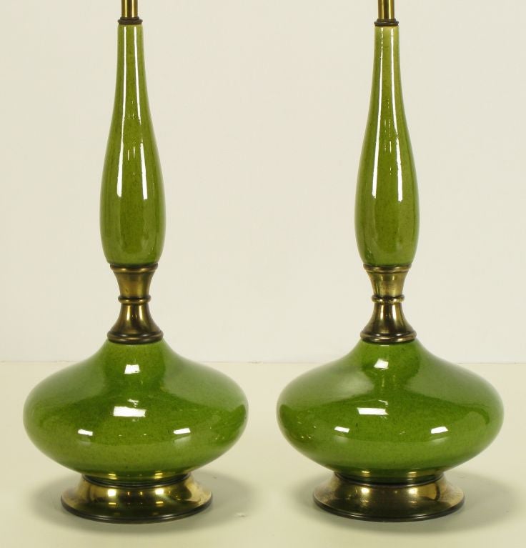 American Pair Sculptural Green Ceramic Gourd Form Table Lamps