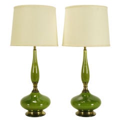 Pair Sculptural Green Ceramic Gourd Form Table Lamps