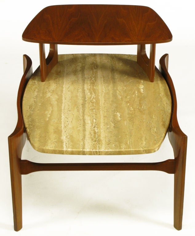 American Walnut & Travertine Two Tiered End Table In the Style Of Bertha Schaefer