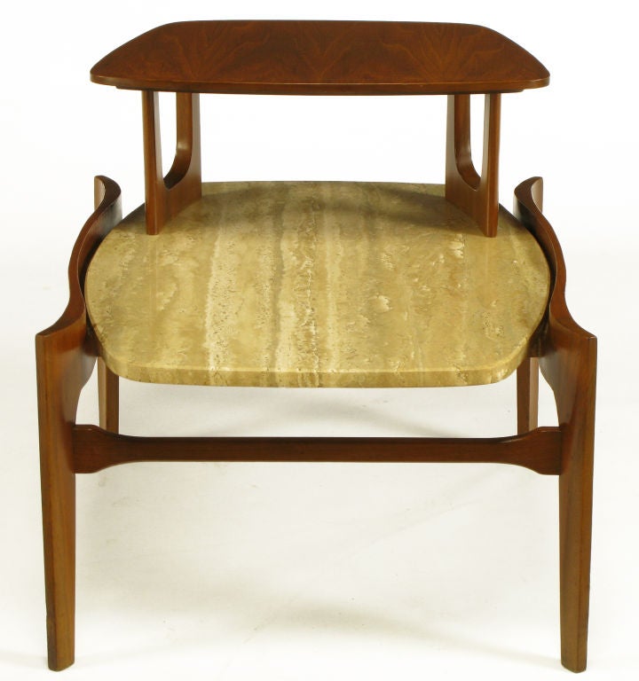 Walnut & Travertine Two Tiered End Table In the Style Of Bertha Schaefer In Good Condition In Chicago, IL