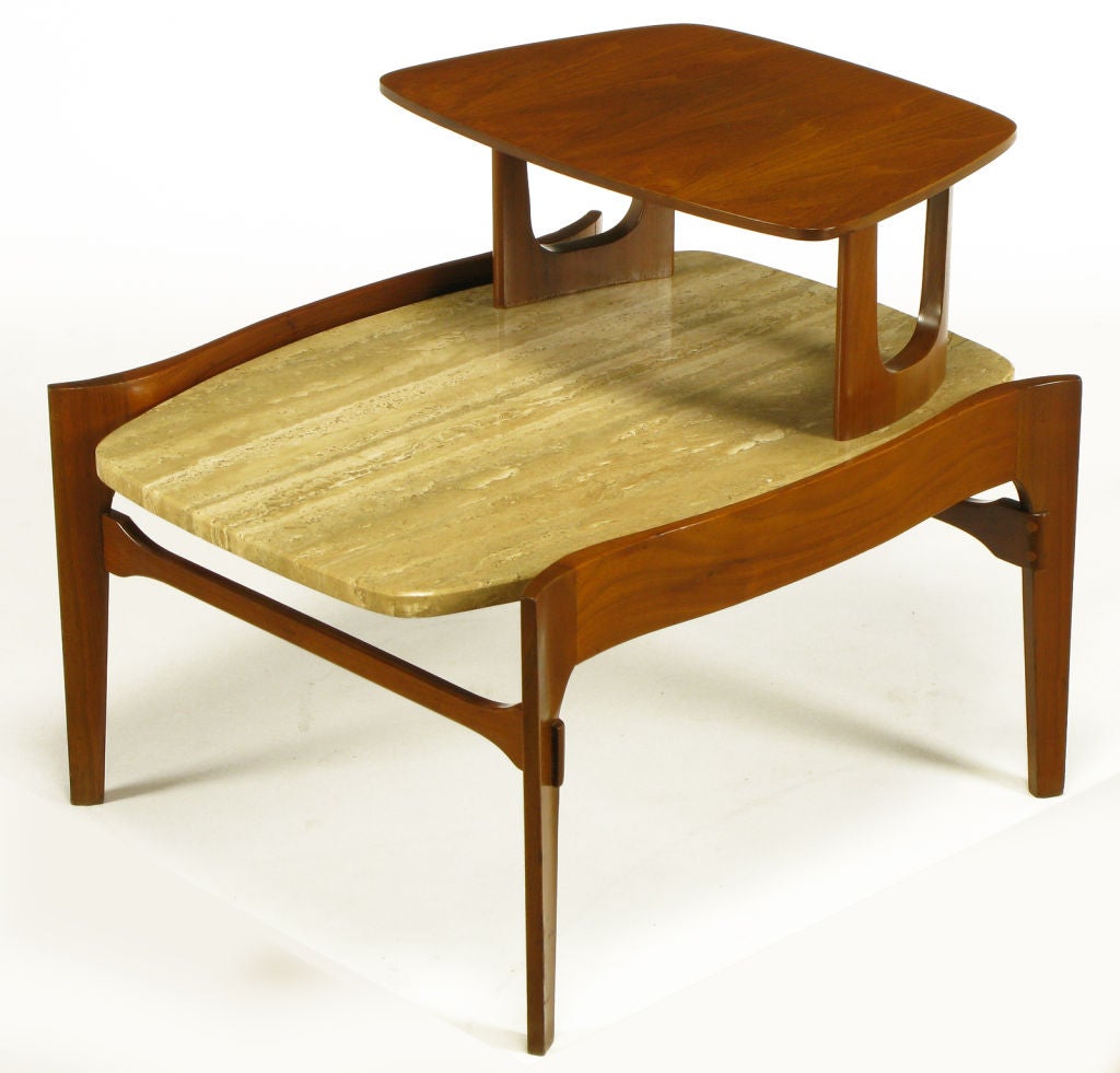 Mid-20th Century Walnut & Travertine Two Tiered End Table In the Style Of Bertha Schaefer