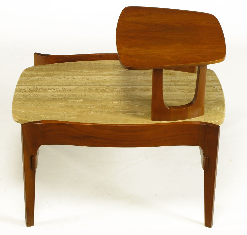 Walnut & Travertine Two Tiered End Table In the Style Of Bertha Schaefer 1