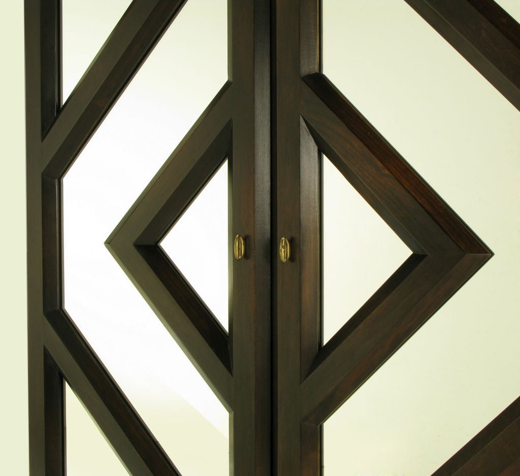 Wood Tall Dark Walnut Bar Cabinet With Geometric Mirror Front