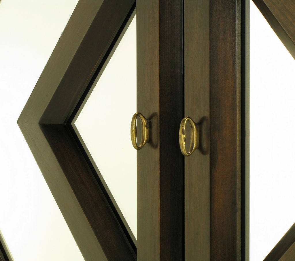 Tall Dark Walnut Bar Cabinet With Geometric Mirror Front 1