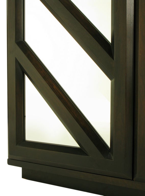 Tall Dark Walnut Bar Cabinet With Geometric Mirror Front 2