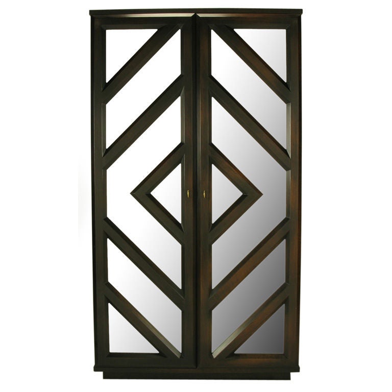 Tall Dark Walnut Bar Cabinet With Geometric Mirror Front